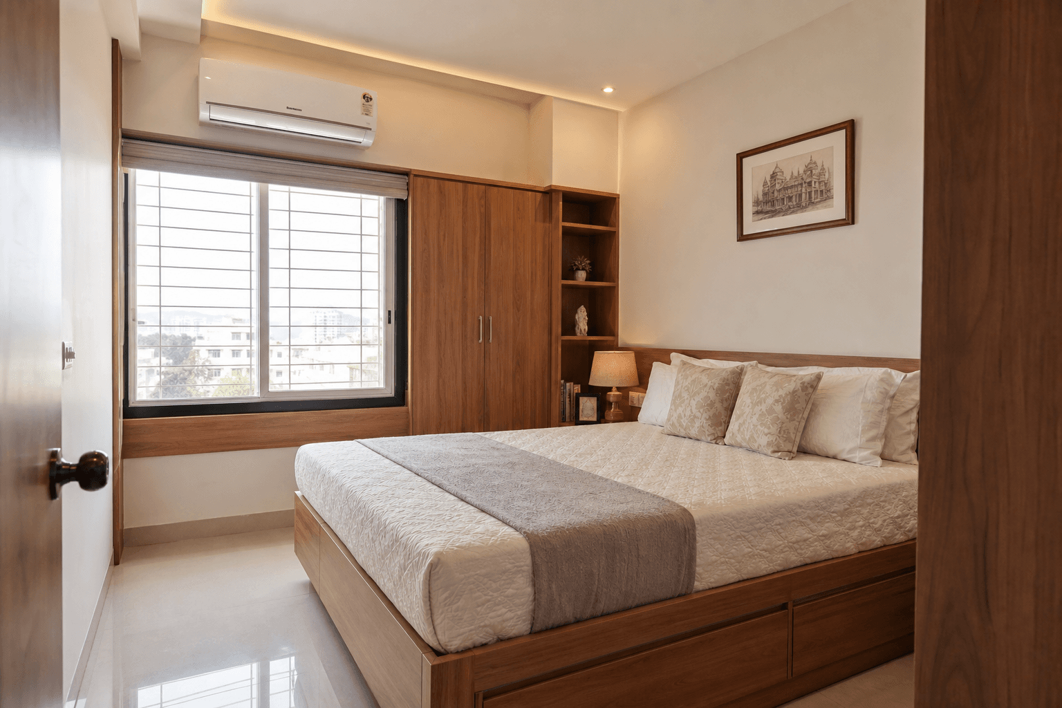Compact guest bedroom with storage bed and warm wood accents in an Indian 2BHK