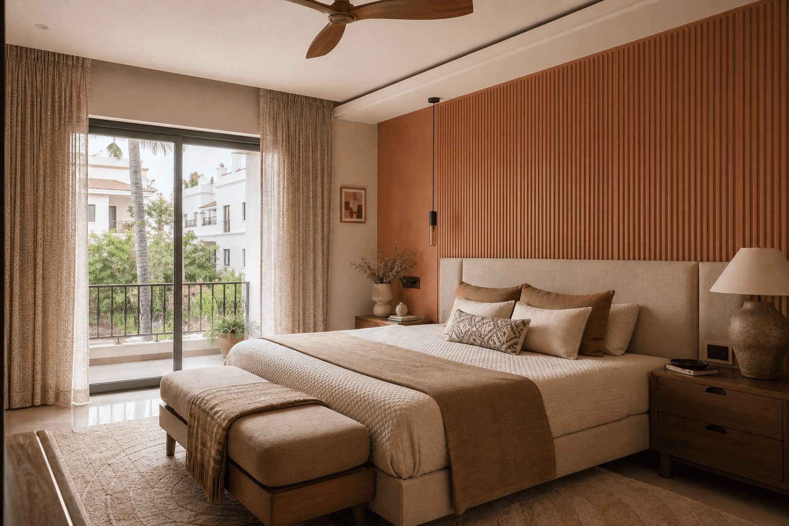 Earth-tone bedroom with fluted panel headboard wall in a modern Indian villa bedroom