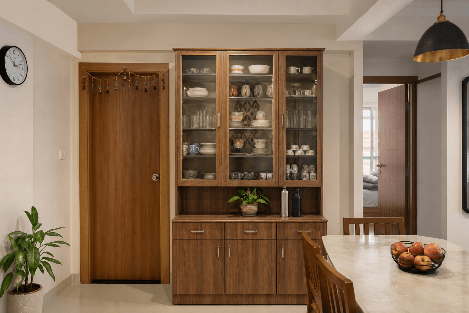 Compact crockery cabinet with glass shutters in a Vijayawada apartment dining nook