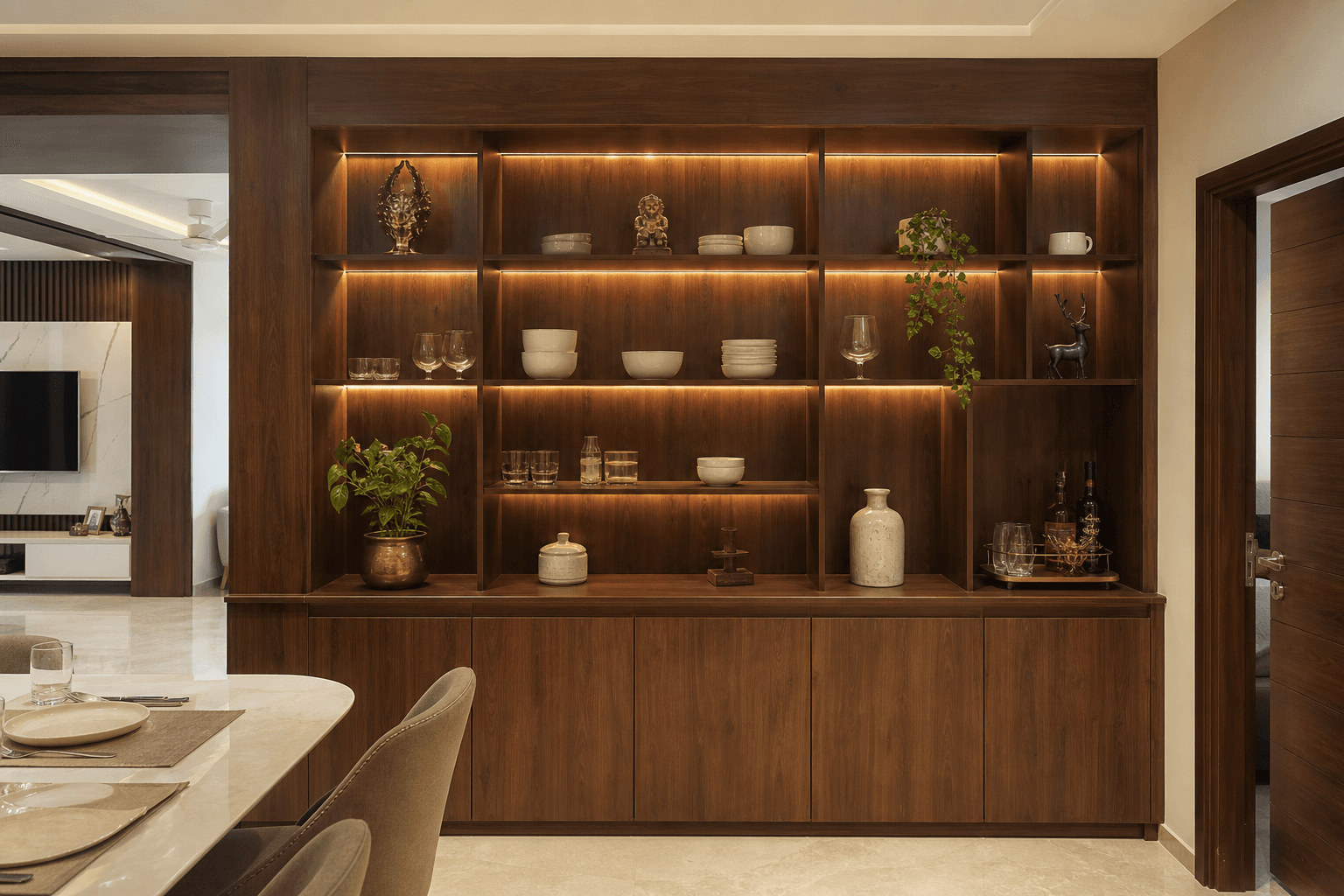 Walnut-finish crockery unit with open display shelves in an Amaravati apartment