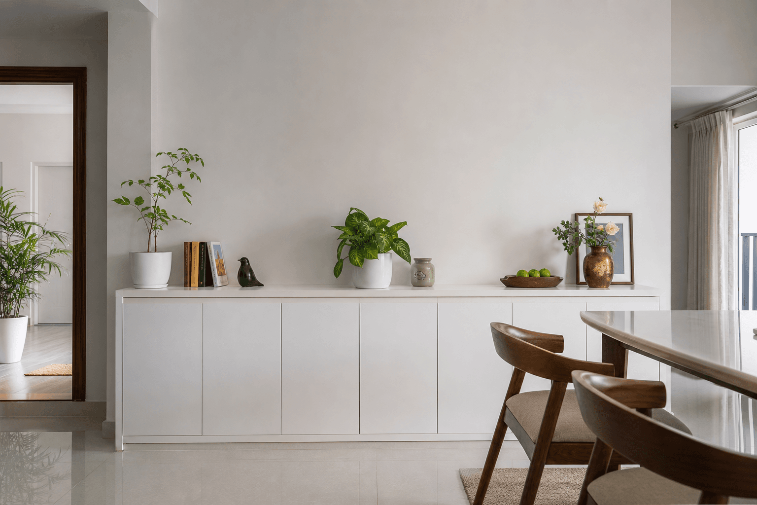 Minimal white crockery unit with handleless shutters in a Bangalore apartment dining area