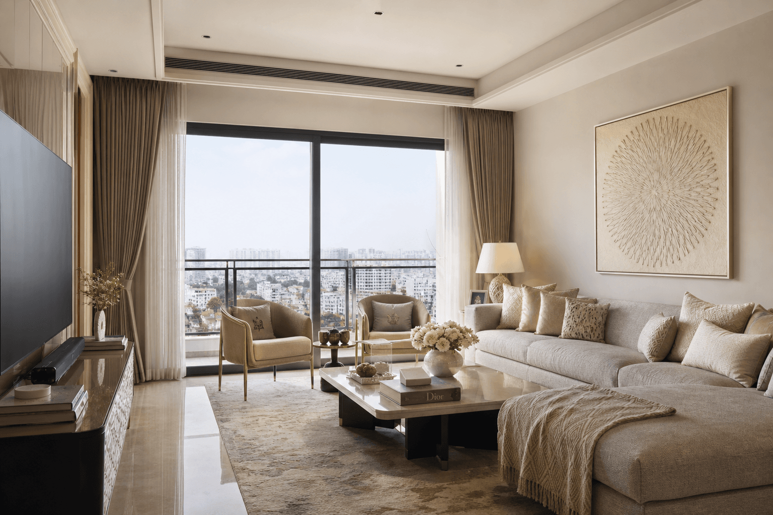 Beige luxury living room with layered textiles and city-view balcony in Hyderabad