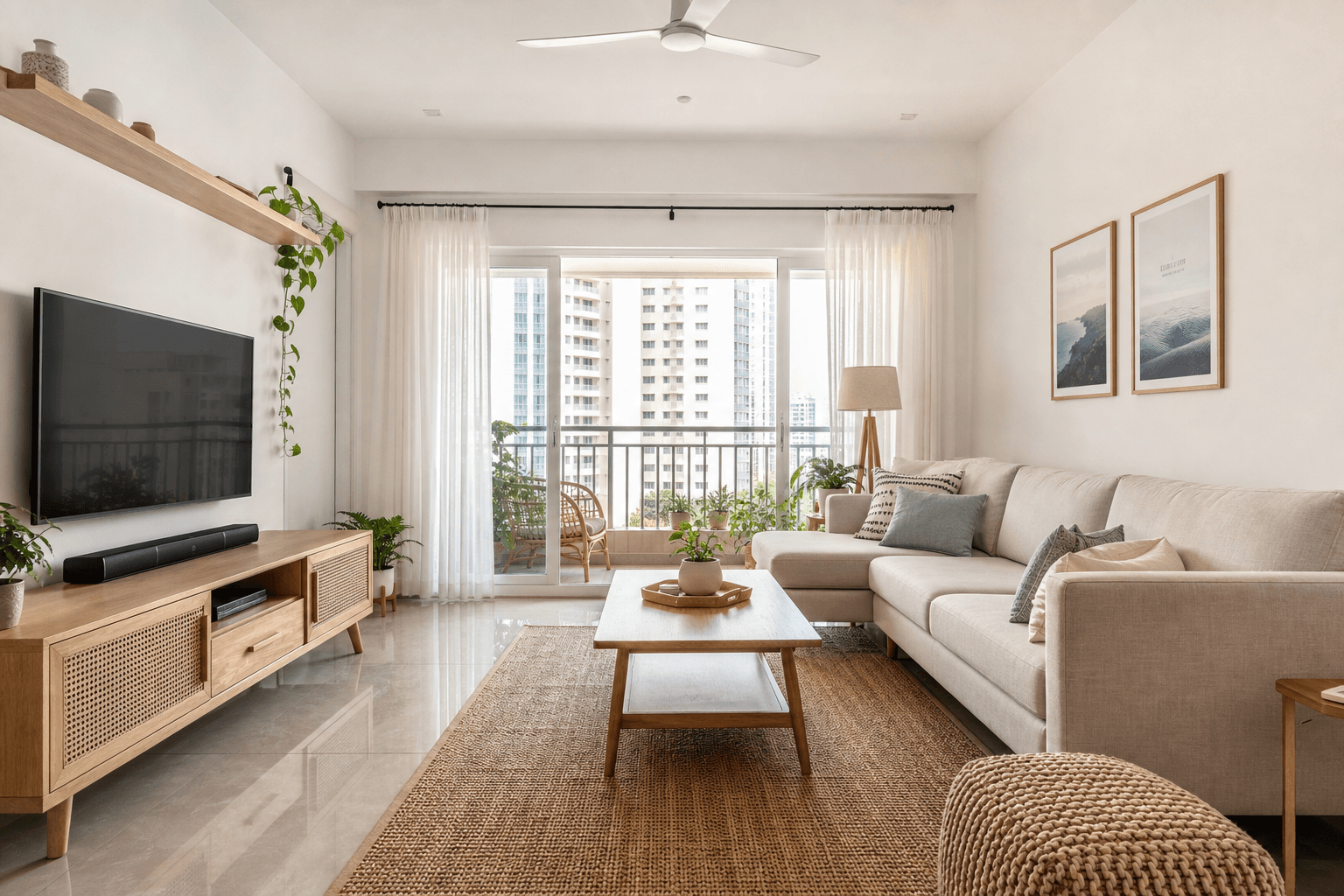 Scandinavian living room with light oak furniture and neutral sofa in an Indian apartment