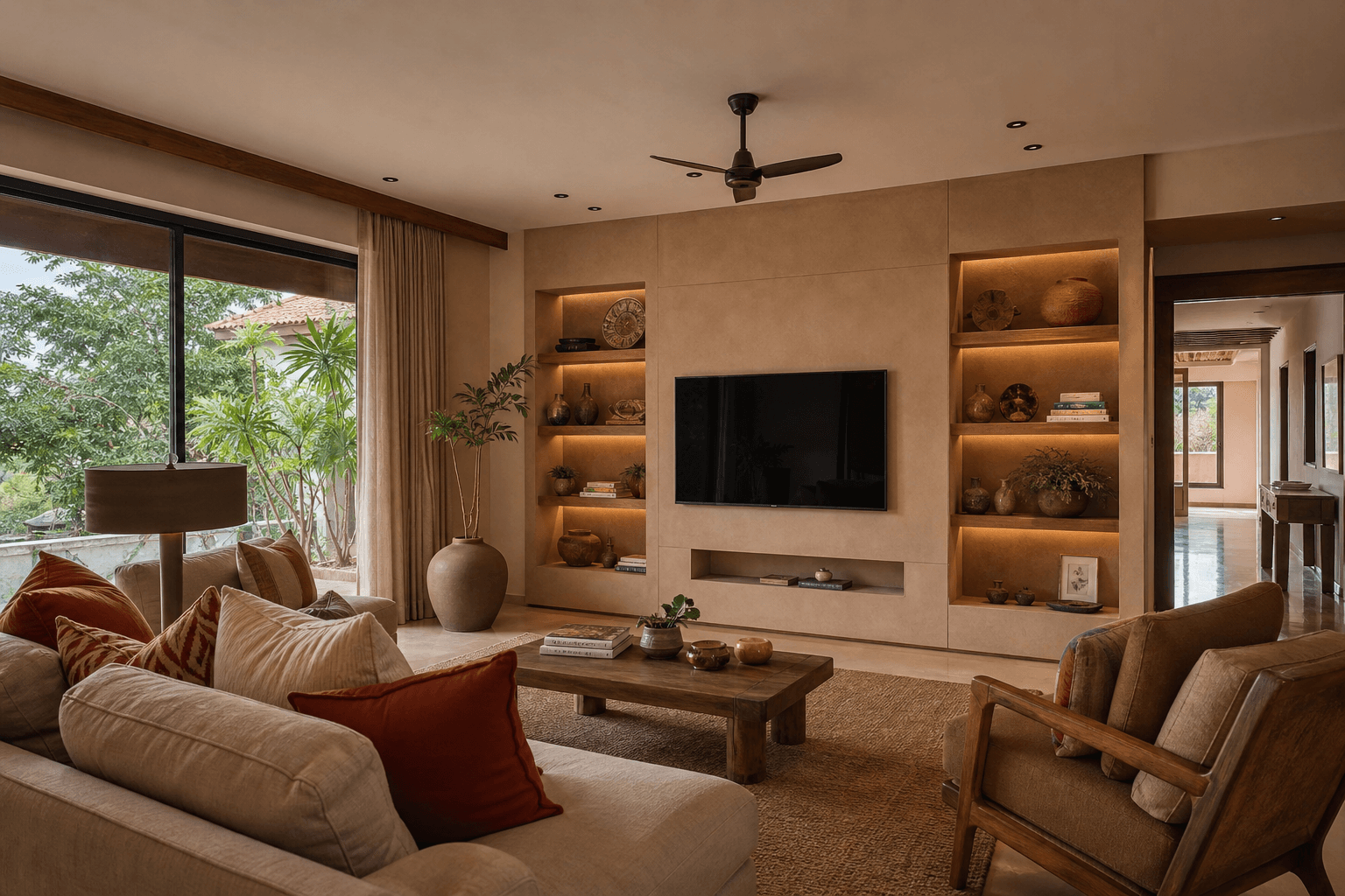 Earth-tone living room with built-in display shelves and matte finish panels in a villa