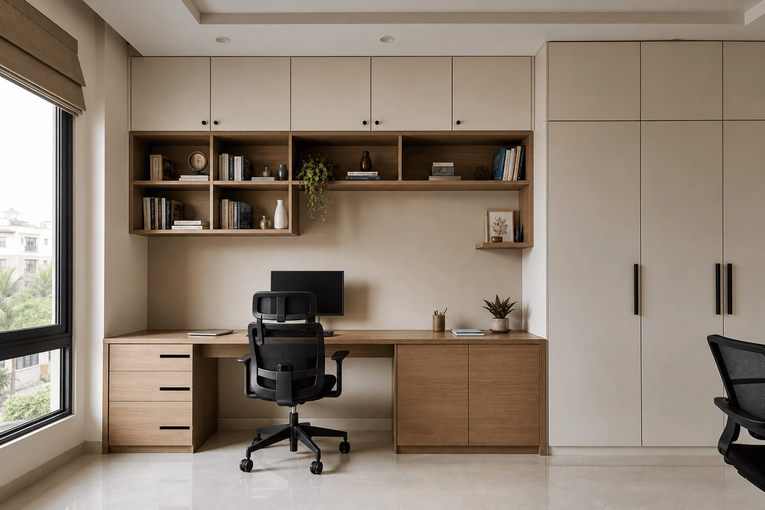Built-in study wall with desk, open shelves and closed storage in an Indian apartment
