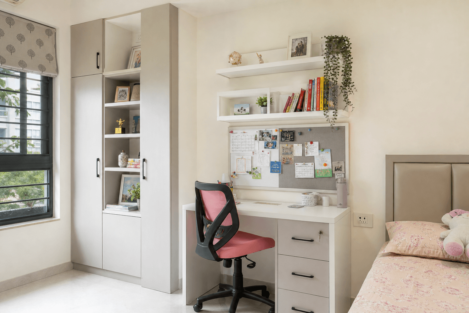 Kids study desk with pinboard and drawer storage in a contemporary Indian home