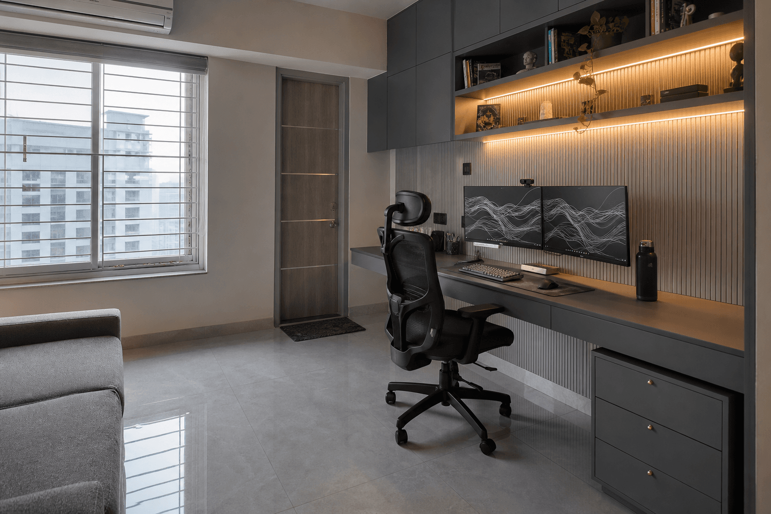 Work-from-home study with dual monitor desk and concealed cable management in an apartment