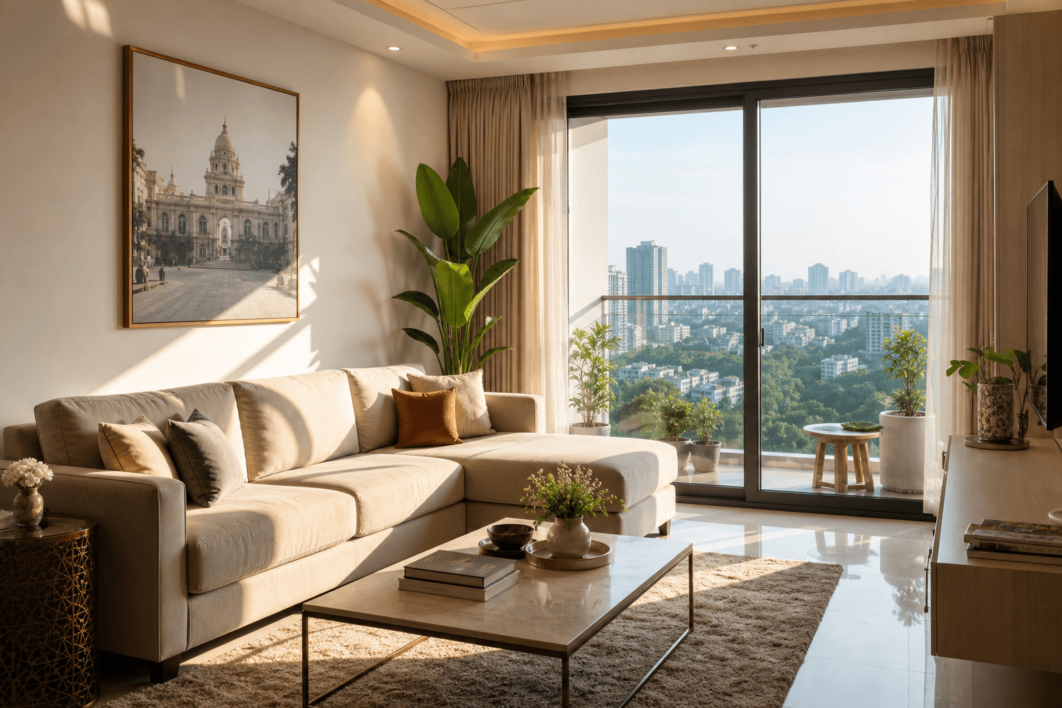 Inviting living room interior with sofa and city-view window in an Indian metropolitan apartment