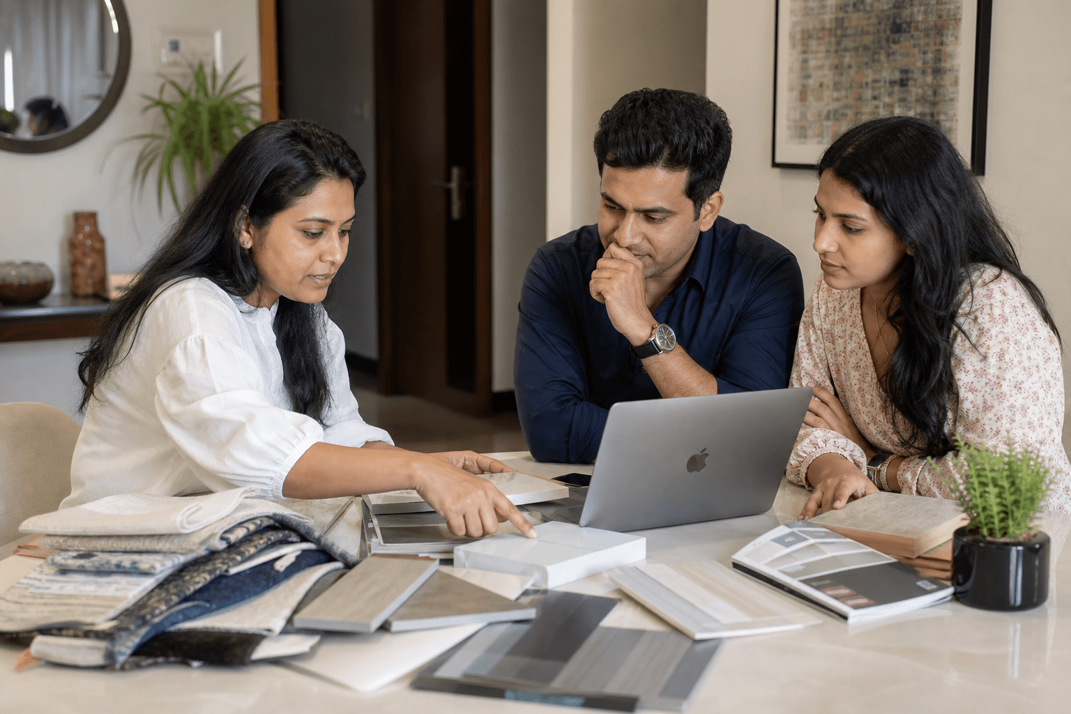 Design consultation scene with material samples on a dining table in an Indian apartment