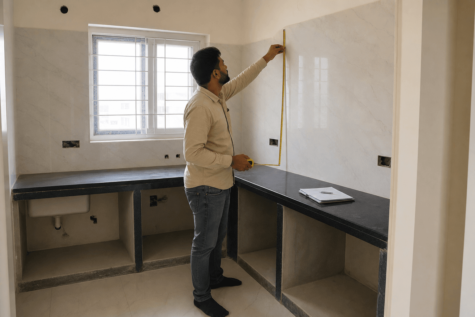 Site measurement in a modular kitchen space during planning phase in Vijayawada