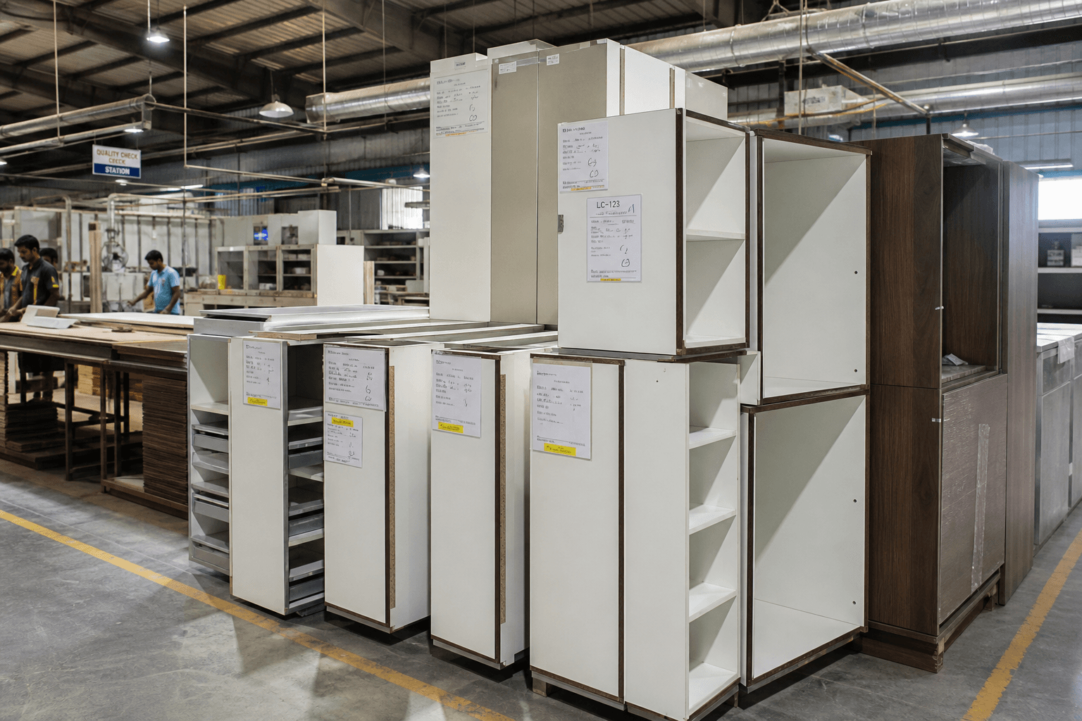 Factory-finished cabinet modules ready for installation in a quality-controlled workshop