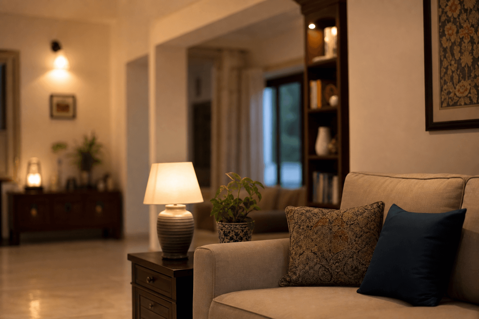 Soft-focus living room backdrop with warm evening light in a contemporary Indian home