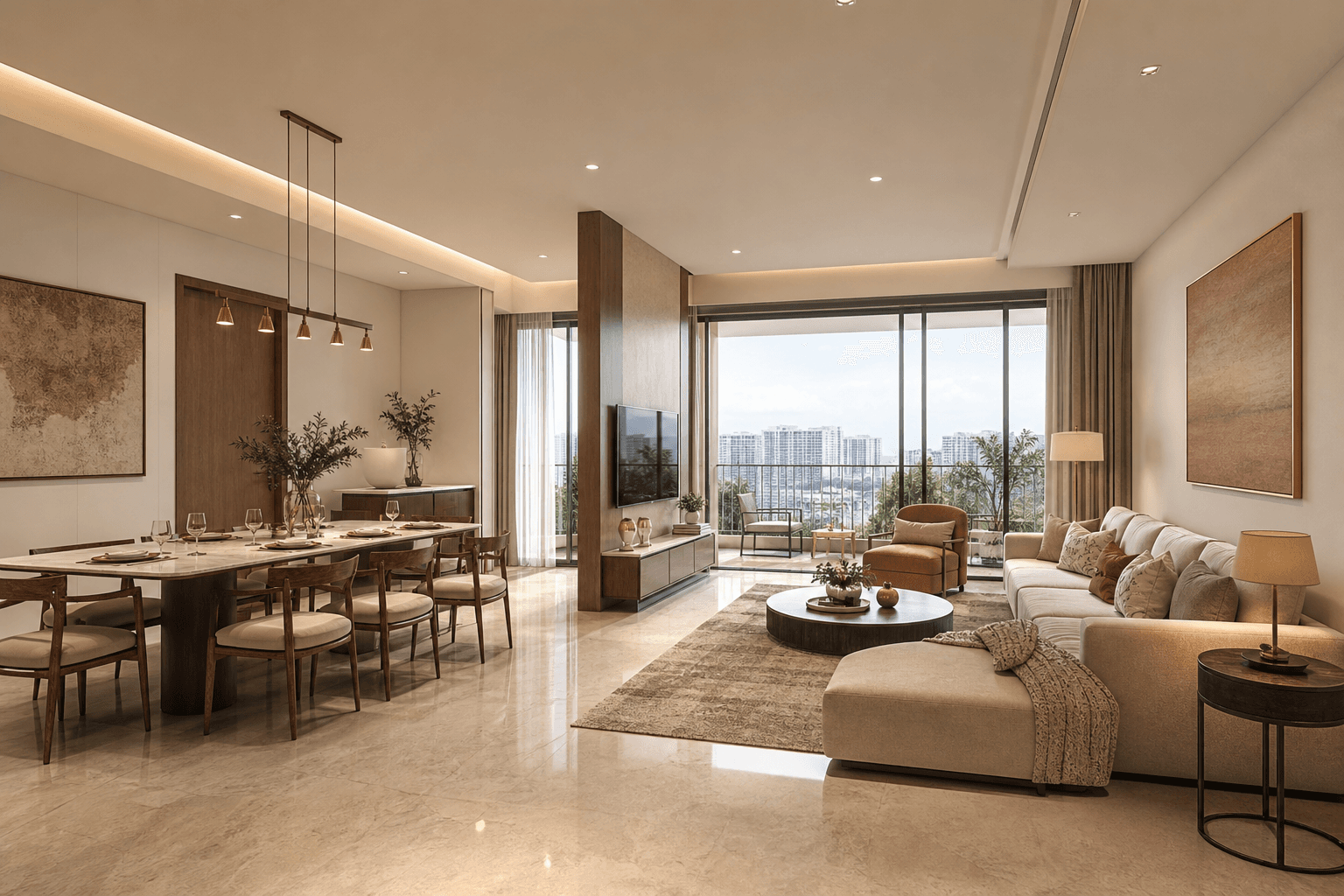 Premium open-plan living and dining interior in a modern Indian apartment with natural daylight