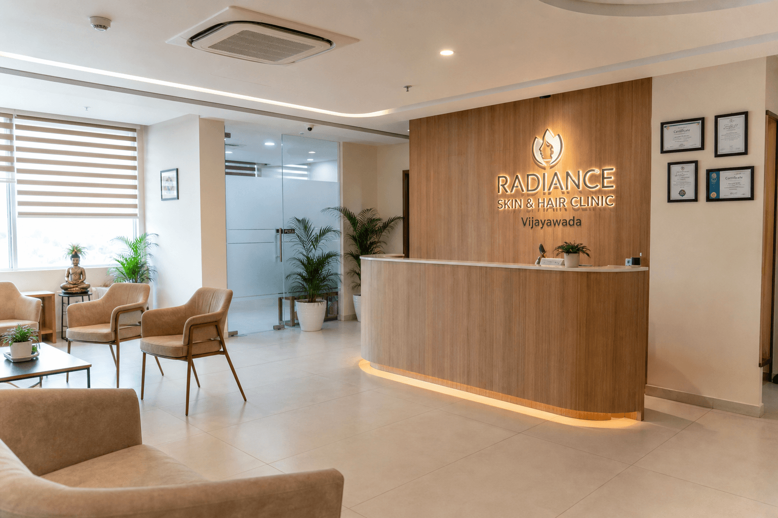 Clinic waiting area with warm wood reception desk and soft seating in Vijayawada
