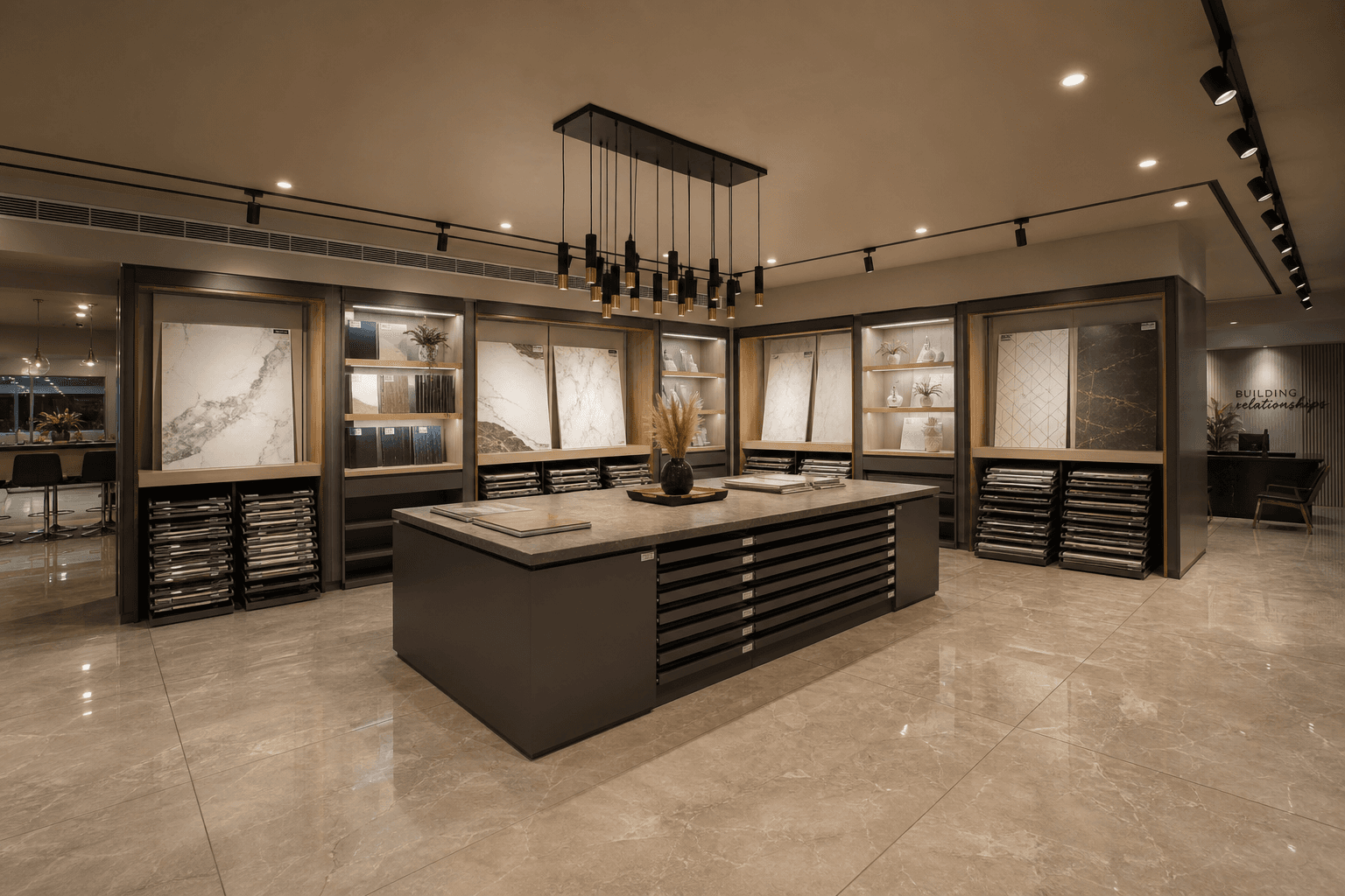 Retail showroom interior with display shelving and accent lighting in an Indian city