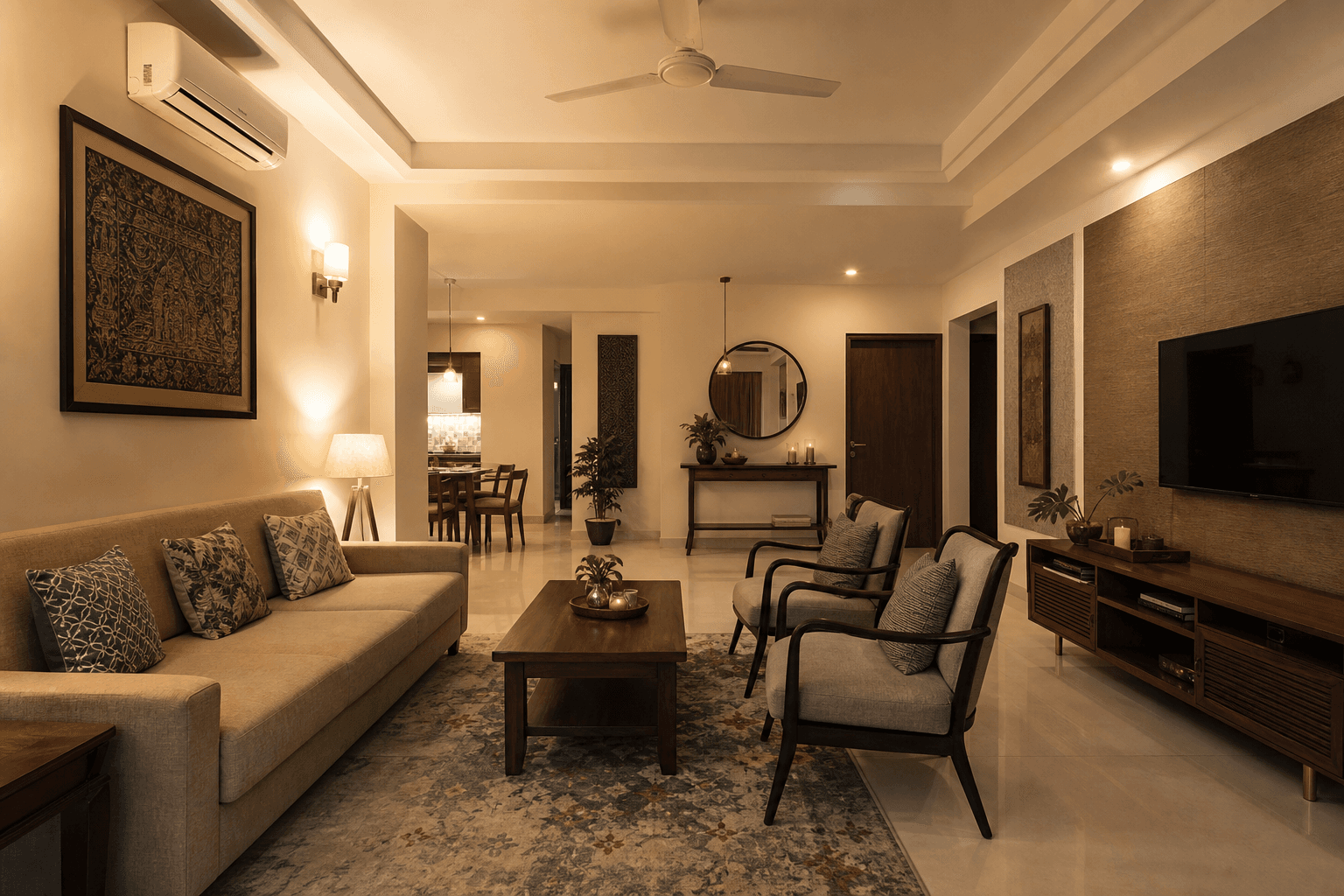 Warm evening ambiance in a fully furnished Indian apartment interior