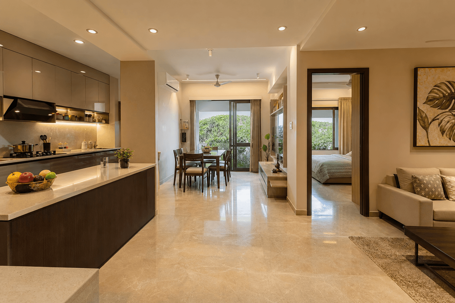 Complete home interior with kitchen, living, and dining flow in a realistic Indian 2BHK