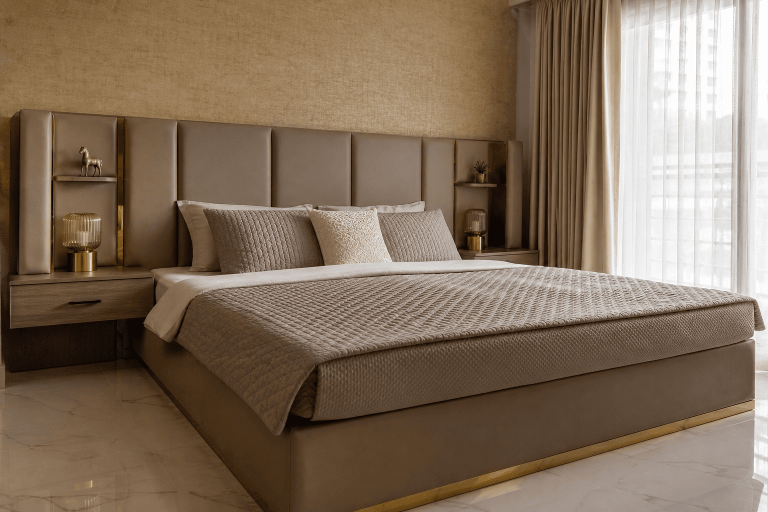 Custom bed with storage headboard and side tables in a modern Indian bedroom