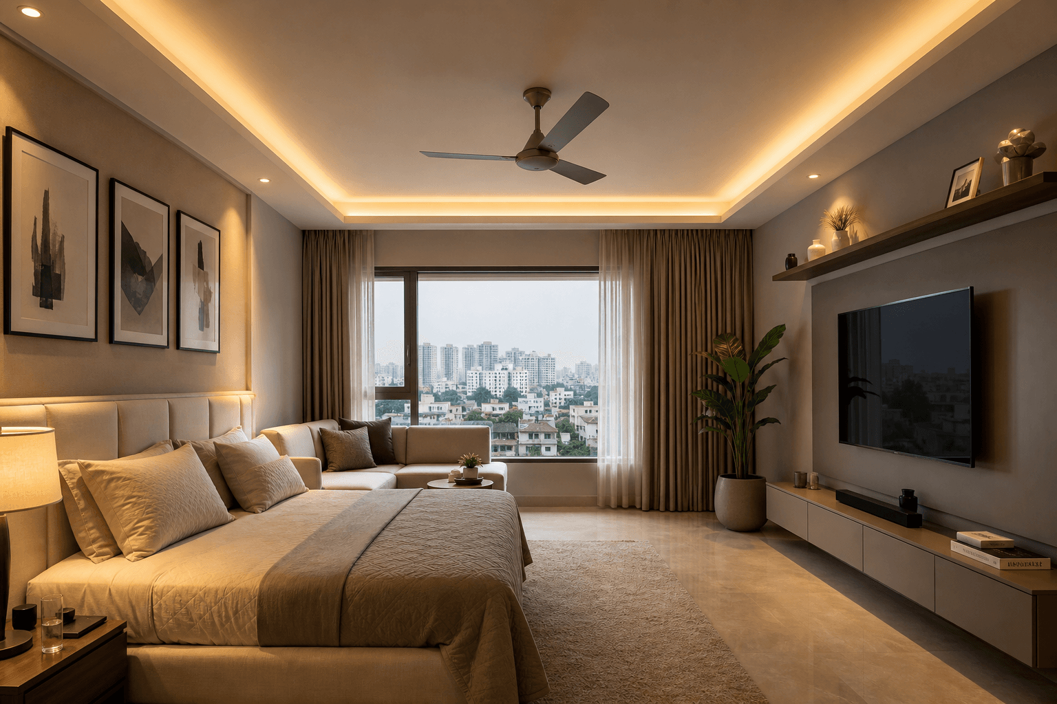 Bedroom with recessed false ceiling and warm ambient lighting in a Hyderabad 3BHK