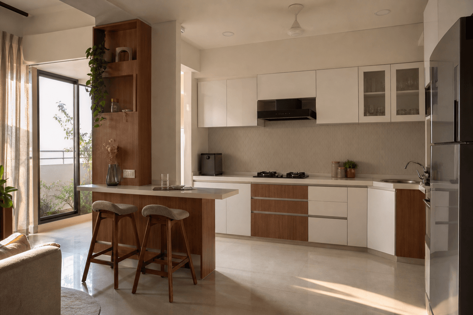 Modular kitchen with breakfast counter and warm morning light in a contemporary Indian home