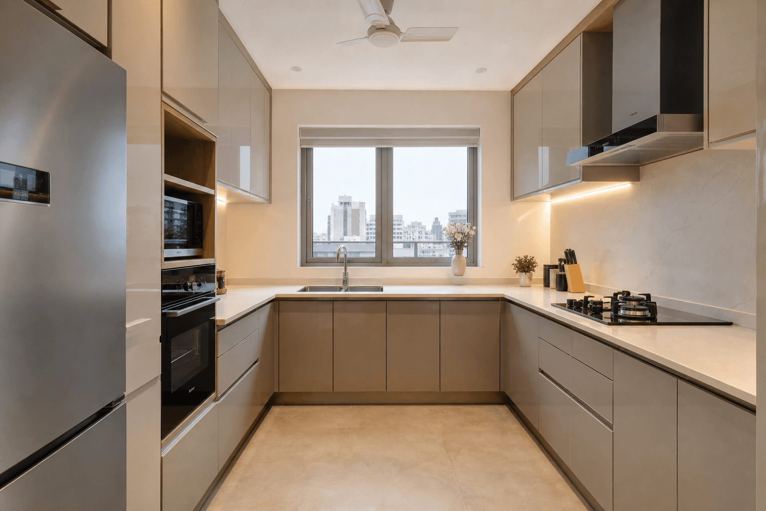 U-shaped modular kitchen with tall storage unit in a premium Indian apartment