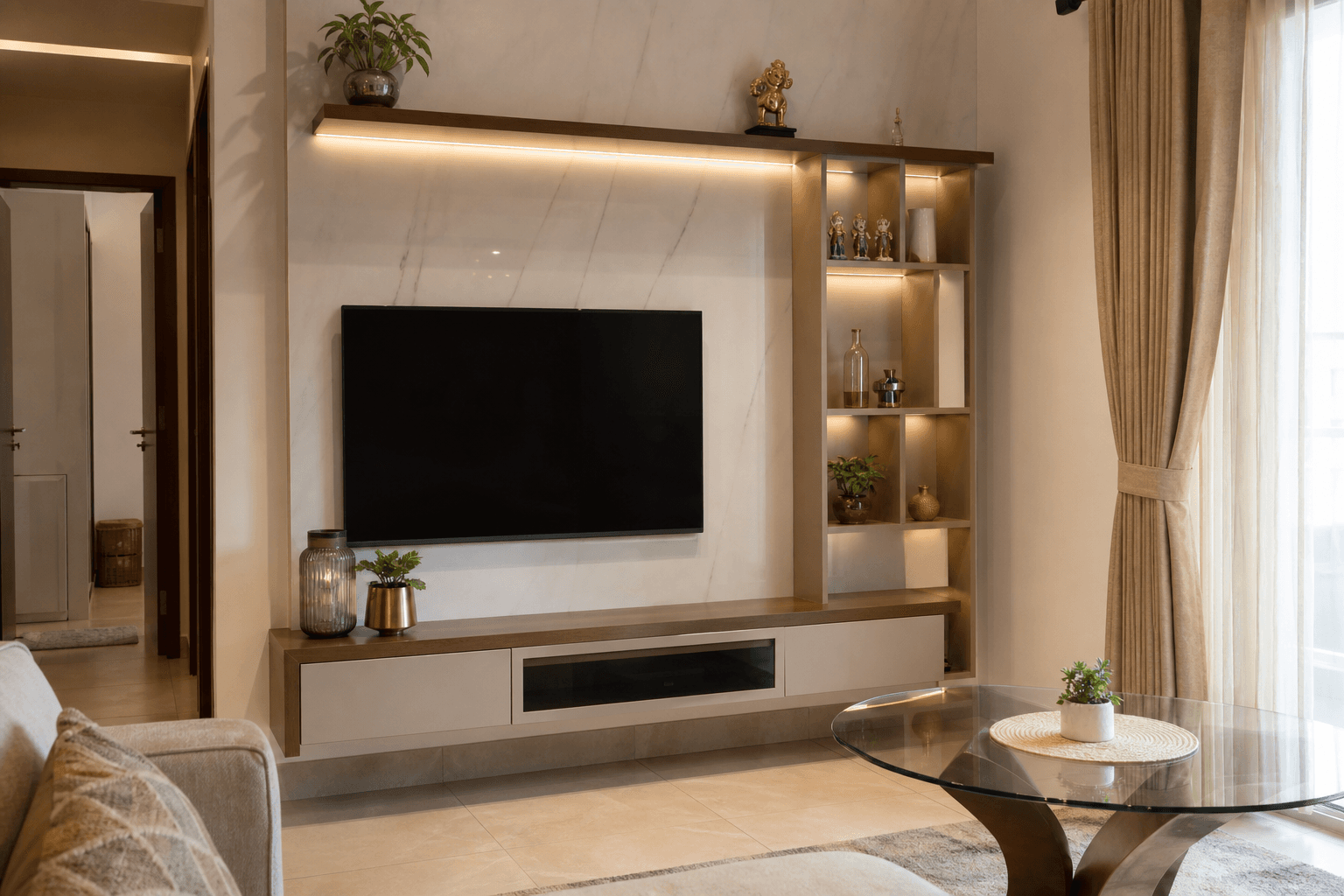 Floating TV unit with display shelves in a compact Indian living room