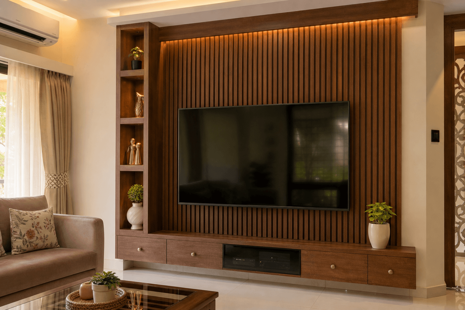 TV wall with fluted panel detail and hidden cable management in a modern Indian home