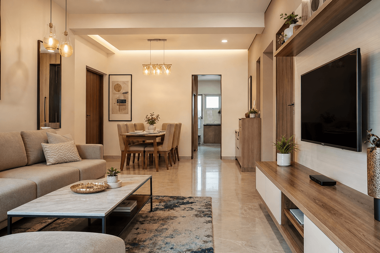 Open-plan living and dining with coordinated TV unit in an Indian apartment