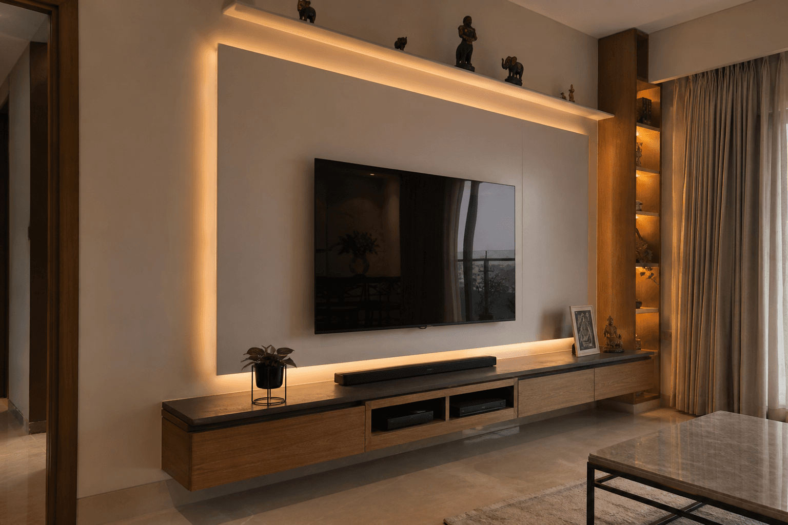 Media console with ambient backlighting in a contemporary Indian apartment living room