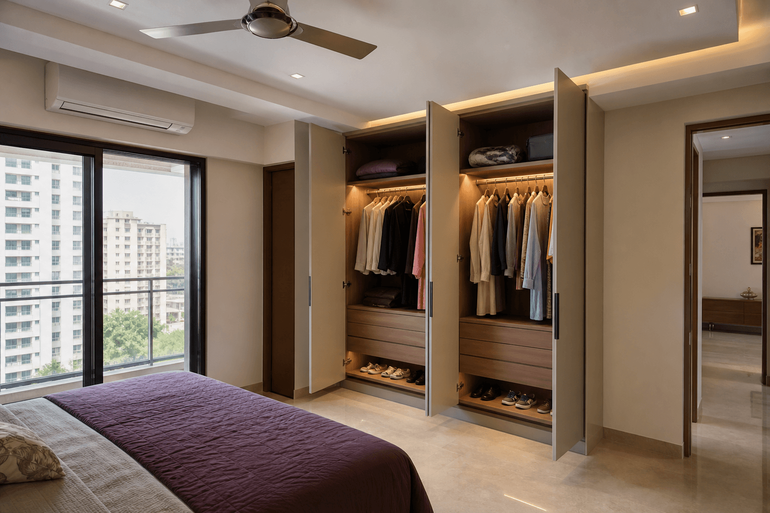 Hinged wardrobe with warm internal lighting in a contemporary Indian apartment bedroom