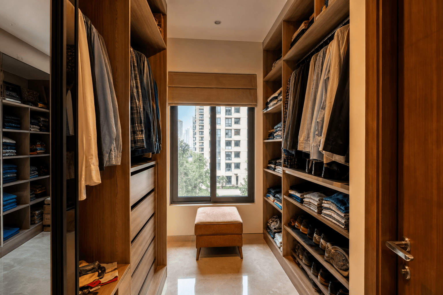 Compact walk-in wardrobe with organized internals in a modern Indian home