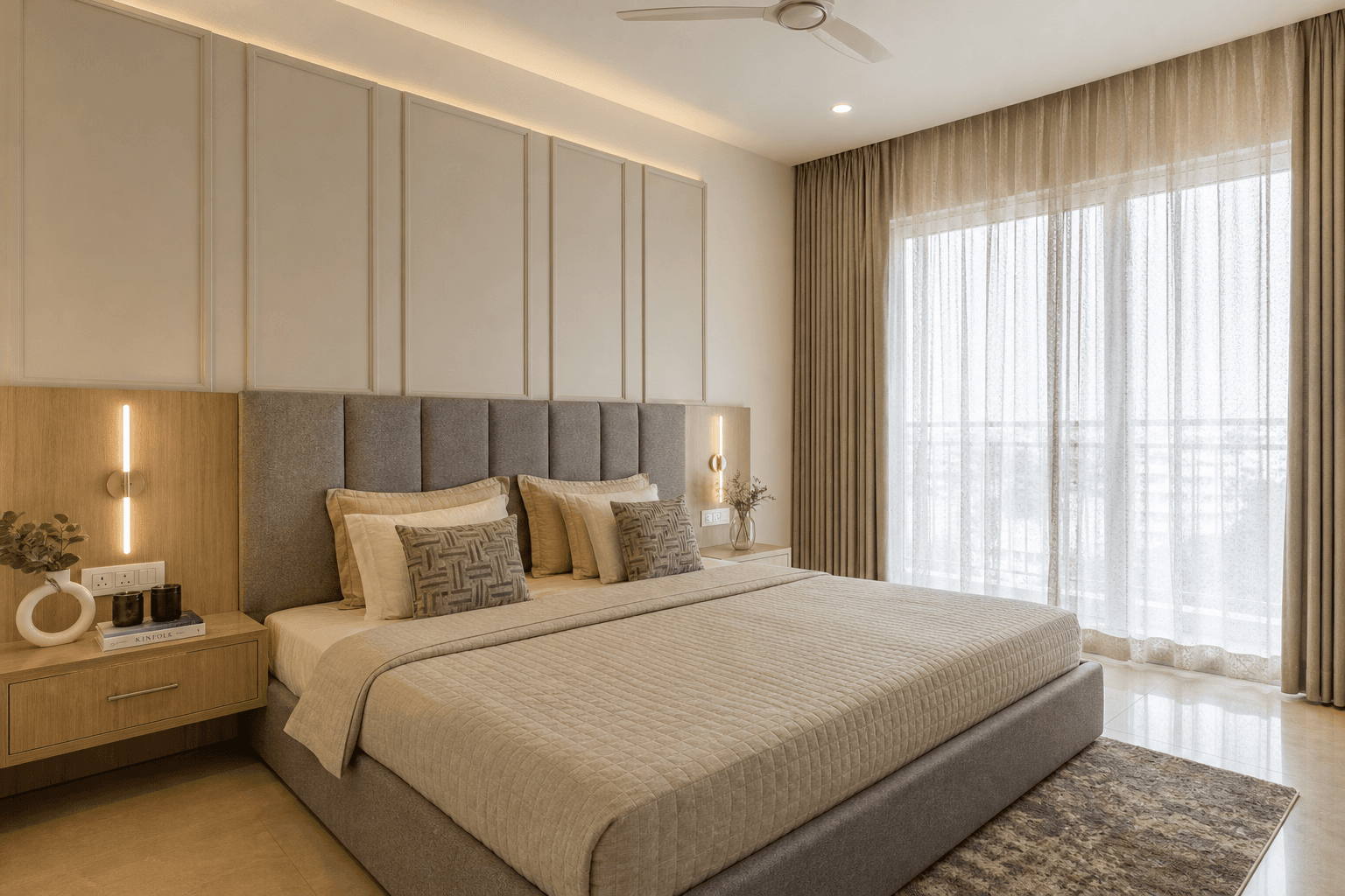 Master bedroom with upholstered headboard and integrated side tables in a Hyderabad apartment