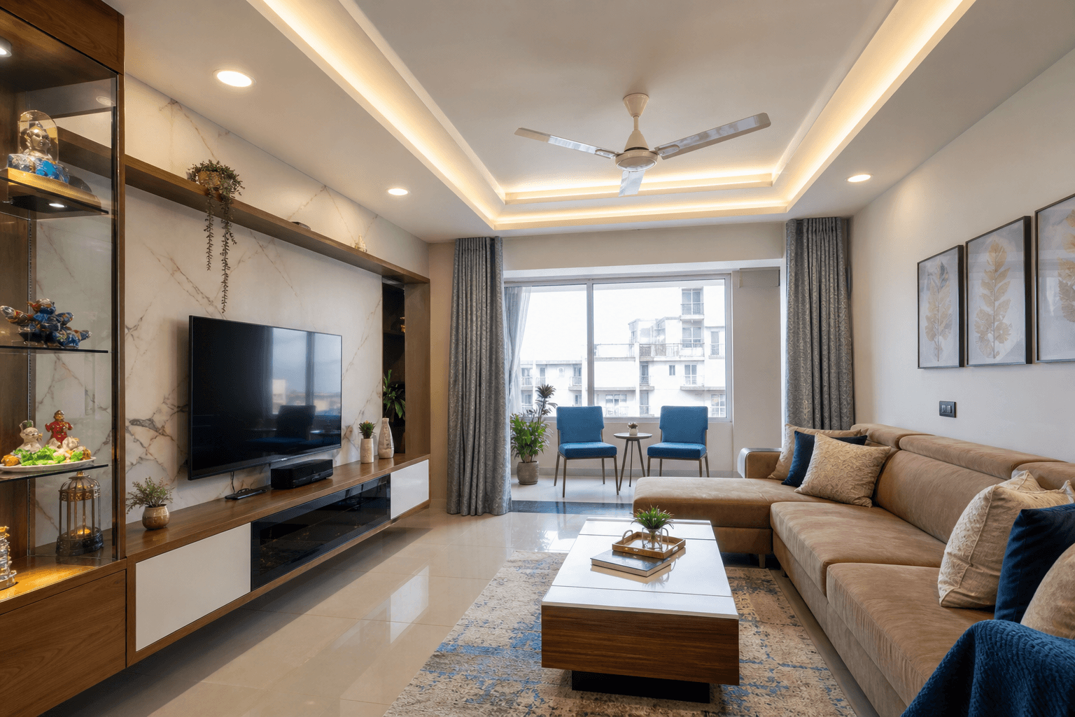 Living room with layered false ceiling, cove lighting and fan in an Indian apartment