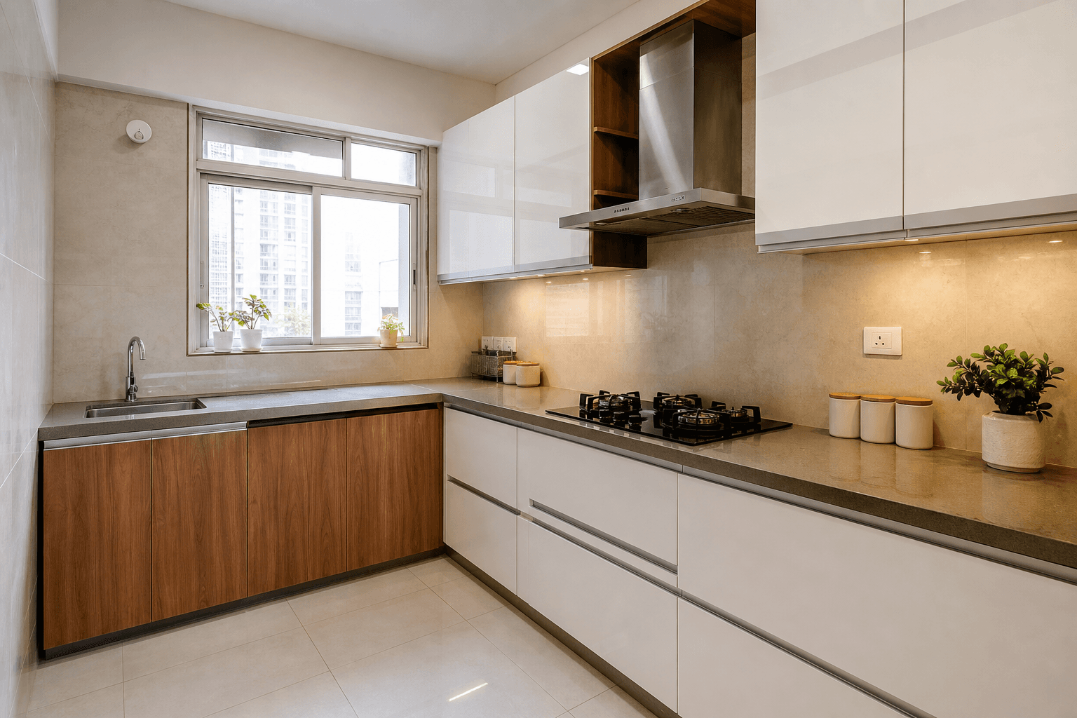 Modern Indian modular kitchen with cabinets, hob, chimney hood, sink and quartz countertop in a contemporary apartment