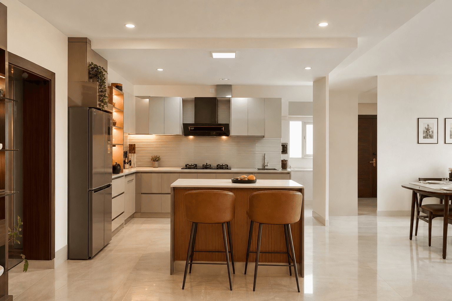 Modular kitchen with island seating in a spacious Indian apartment — realistic proportions