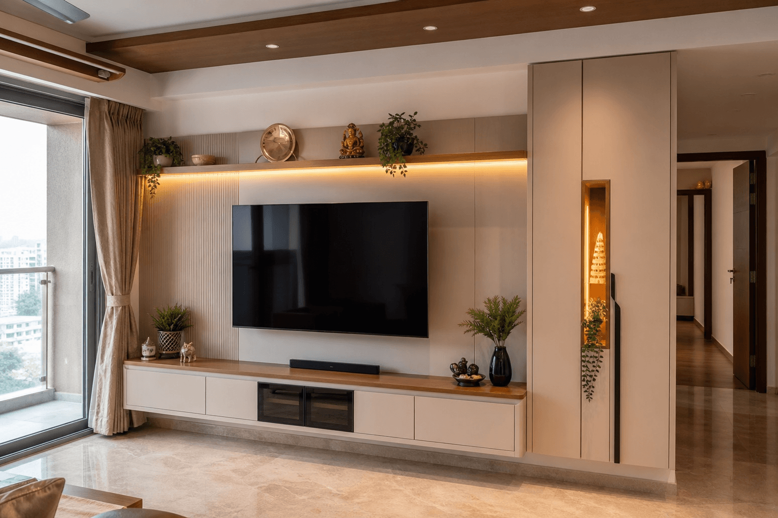 Living room media wall with concealed storage and warm ambient lighting in an Indian apartment